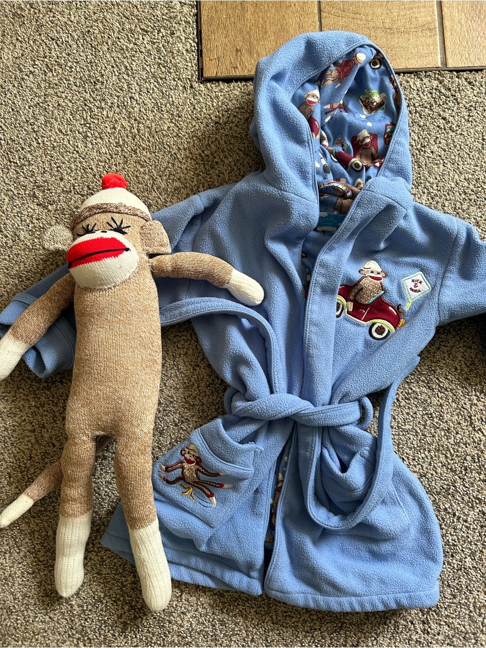 Nick & Nora Light Blue Hooded Kids Robe with Monkey Appliqués